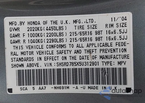 2005 Honda Cr-V Lx из США, поврежденный, VIN SHSRD785X5U312901